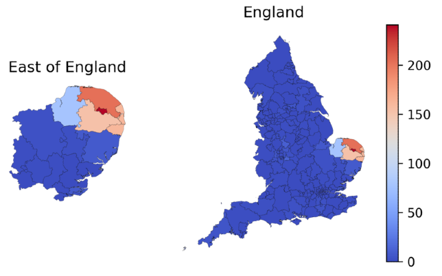 A choropleth map of the East of England (right) and constitutent CCGs (left), showing prescribing rates of pericyazine